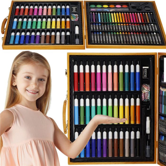 Set de pictura si desen pentru copii, 150 de piese, trusa lemn maro [18]