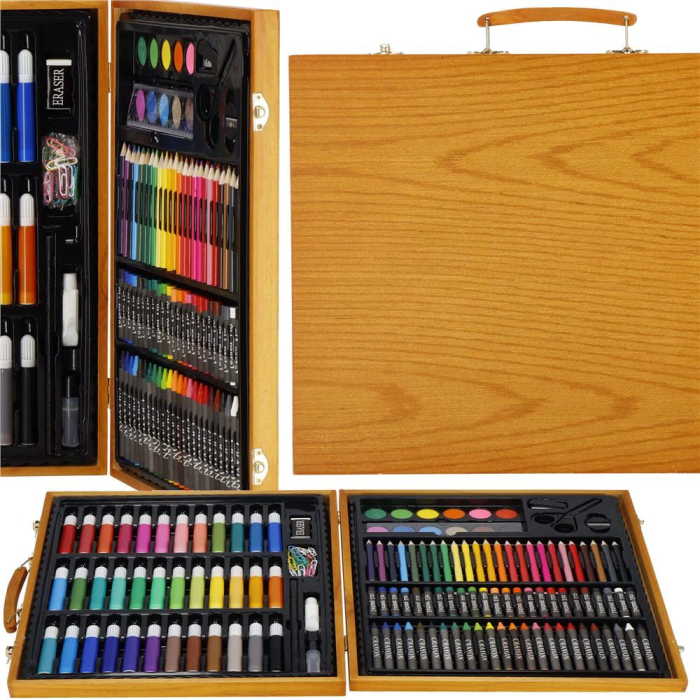 Set de pictura si desen pentru copii, 150 de piese, trusa lemn maro [10]