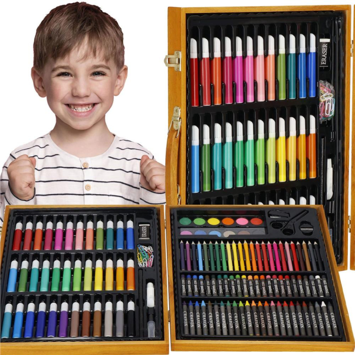 Set de pictura si desen pentru copii, 150 de piese, trusa lemn maro [16]