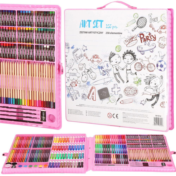 Set de pictura si desen pentru copii, 258 de piese, trusa plastic roz [46]