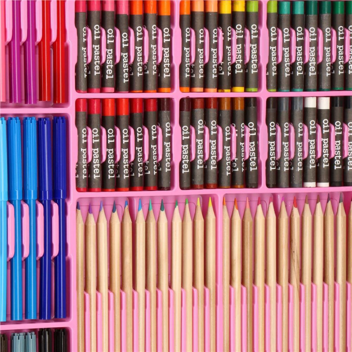 Set de pictura si desen pentru copii, 258 de piese, trusa plastic roz [12]