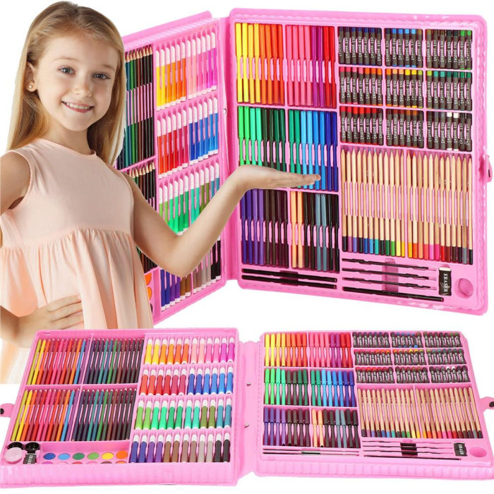 Set de pictura si desen pentru copii, 258 de piese, trusa plastic roz [38]