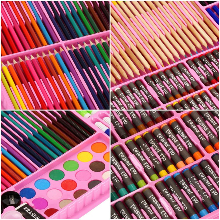 Set de pictura si desen pentru copii, 258 de piese, trusa plastic roz [17]