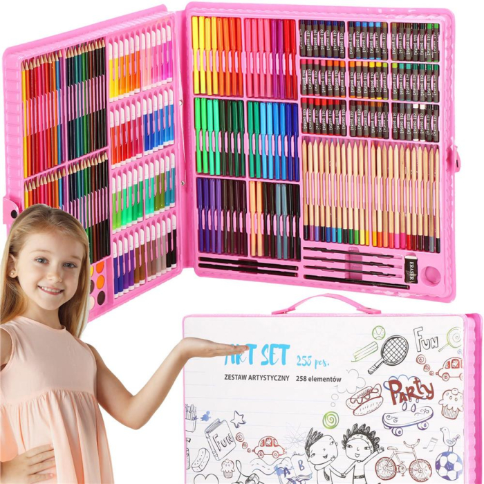 Set de pictura si desen pentru copii, 258 de piese, trusa plastic roz [40]