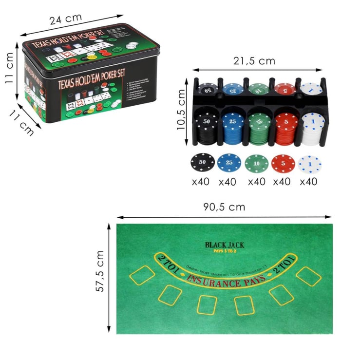 Set de Poker Complex cu 200 de jetoane, covoras verde, 2 seturi de carti, in cutie metalica [20]