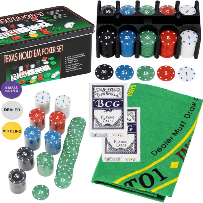 Set de Poker Complex cu 200 de jetoane, covoras verde, 2 seturi de carti, in cutie metalica [16]
