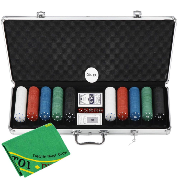 Set de Poker Complex cu 500 de jetoane, covoras verde, 2 seturi de carti, 5 zaruri, in servieta aluminiu [14]