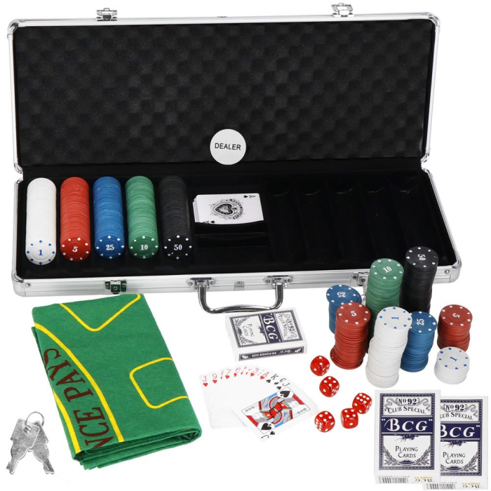 Set de Poker Complex cu 500 de jetoane, covoras verde, 2 seturi de carti, 5 zaruri, in servieta aluminiu [15]