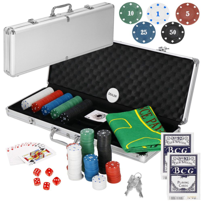 Set de Poker Complex cu 500 de jetoane, covoras verde, 2 seturi de carti, 5 zaruri, in servieta aluminiu [12]