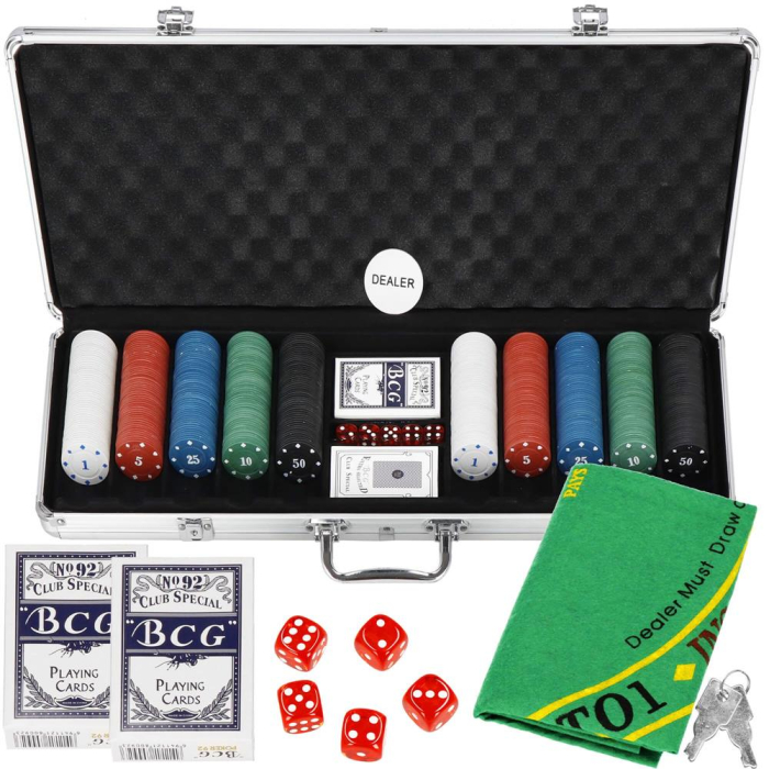 Set de Poker Complex cu 500 de jetoane, covoras verde, 2 seturi de carti, 5 zaruri, in servieta aluminiu [11]