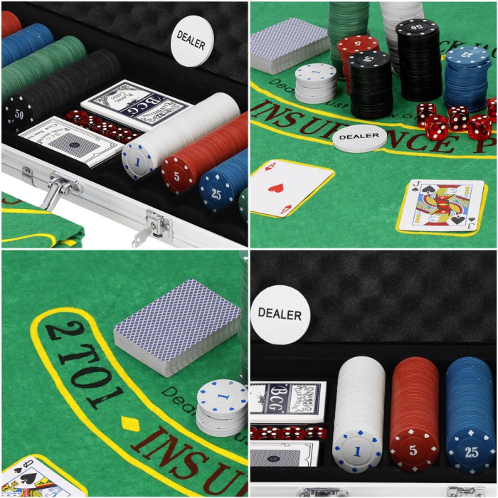 Set de Poker Complex cu 500 de jetoane, covoras verde, 2 seturi de carti, 5 zaruri, in servieta aluminiu [10]