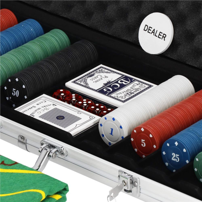 Set de Poker Complex cu 500 de jetoane, covoras verde, 2 seturi de carti, 5 zaruri, in servieta aluminiu [7]