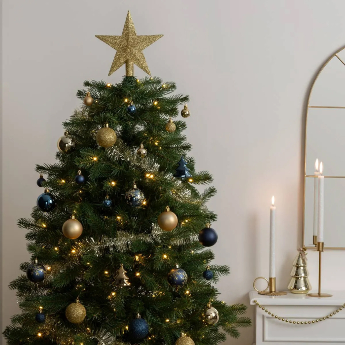 Set decoratiuni Craciun, 44 piese, cu globuri, ghirlanda si varf de brad, albastru si auriu [8]