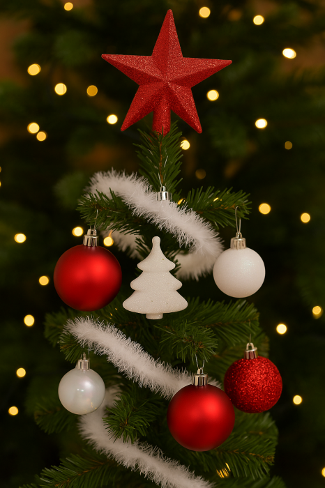 Set decoratiuni Craciun, 44 piese, cu globuri, ghirlanda si varf de brad, rosu si alb [4]