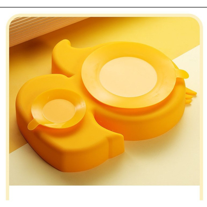 Set diversificare bebelusi , din silicon, 20 x 17.5 cm, 1 farfurie compartimentata in forma de rata, lingurita si furculita, pai, perie pai, fara alergeni, ventuza fixare, forma creativa, galben [2]