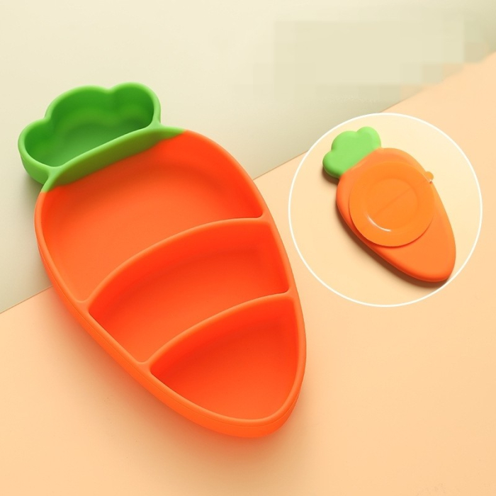 Set diversificare bebelusi , din silicon, 23.5 x 12.5 cm, 1 farfurie compartimentata in forma de morcov, lingurita si furculita, pai, perie pai, fara alergeni, ventuza fixare, forma creativa, portocaliu [2]