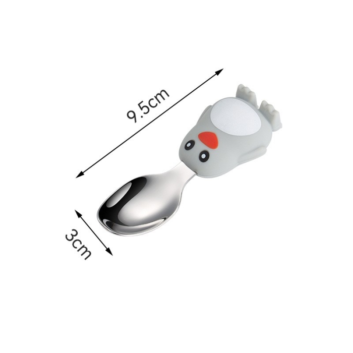 Set diversificare bebelusi , din silicon, 23.5 x 12.5 cm, 1 farfurie compartimentata in forma de pinguin, lingurita si furculita, pai, perie pai, fara alergeni, ventuza fixare, forma creativa, gri [3]