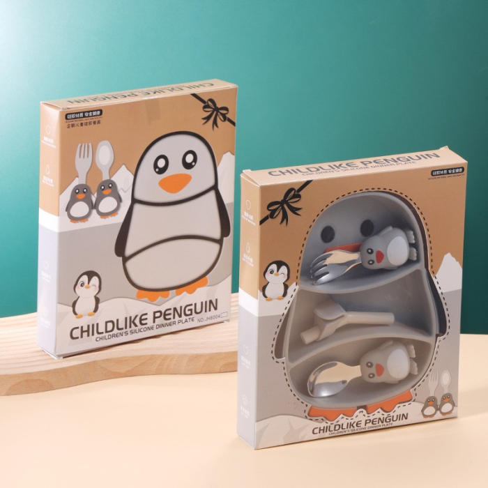 Set diversificare bebelusi , din silicon, 23.5 x 12.5 cm, 1 farfurie compartimentata in forma de pinguin, lingurita si furculita, pai, perie pai, fara alergeni, ventuza fixare, forma creativa, gri [6]