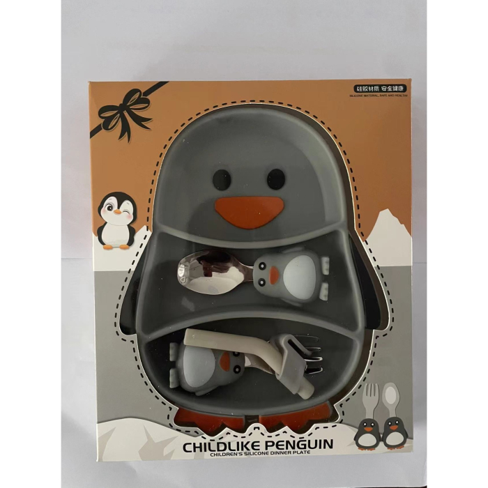 Set diversificare bebelusi , din silicon, 23.5 x 12.5 cm, 1 farfurie compartimentata in forma de pinguin, lingurita si furculita, pai, perie pai, fara alergeni, ventuza fixare, forma creativa, gri [9]