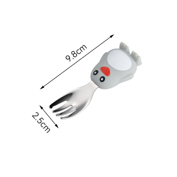 Set diversificare bebelusi , din silicon, 23.5 x 12.5 cm, 1 farfurie compartimentata in forma de pinguin, lingurita si furculita, pai, perie pai, fara alergeni, ventuza fixare, forma creativa, gri [2]