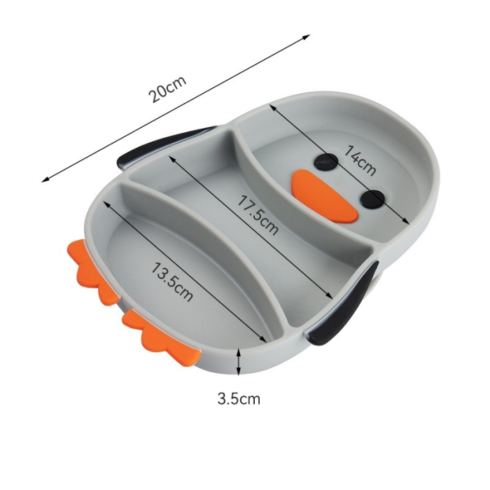 Set diversificare bebelusi , din silicon, 23.5 x 12.5 cm, 1 farfurie compartimentata in forma de pinguin, lingurita si furculita, pai, perie pai, fara alergeni, ventuza fixare, forma creativa, gri [4]