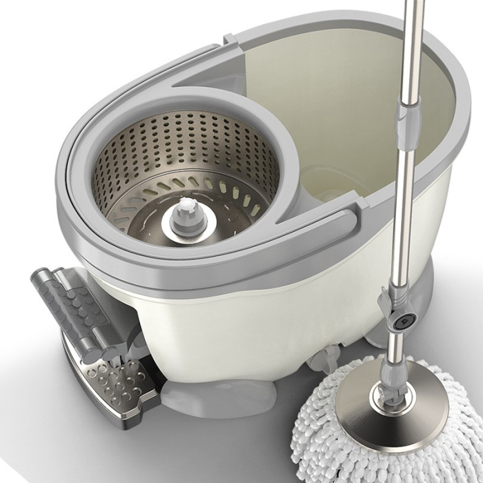 Set Galeata cu Pedala si Mop Rotativ 360°, , Cu Actiune Centrifuga x4, Pentru Uz Casnic, Maner din Otel Inoxidabil Telescopic, 2 Capte din Bumbac, 46x30x28 cm, Alb Ivoir [10]