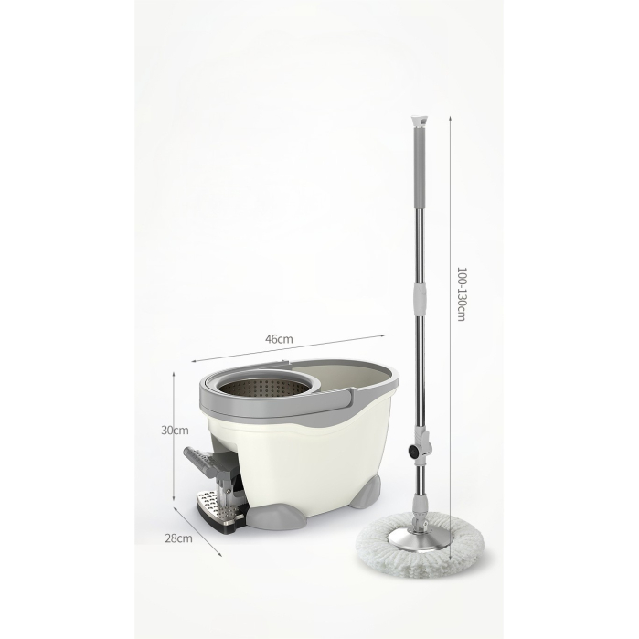Set Galeata cu Pedala si Mop Rotativ 360°, , Cu Actiune Centrifuga x4, Pentru Uz Casnic, Maner din Otel Inoxidabil Telescopic, 2 Capte din Bumbac, 46x30x28 cm, Alb Ivoir [7]