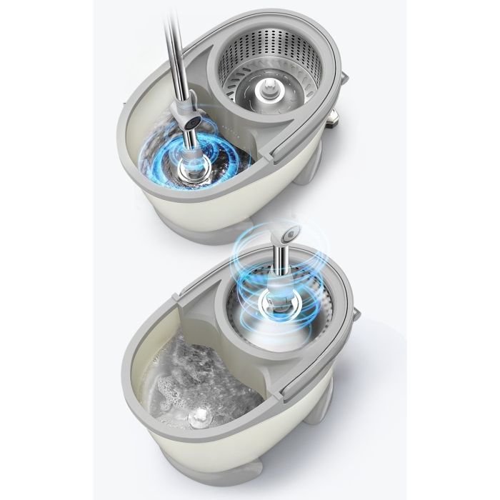 Set Galeata cu Pedala si Mop Rotativ 360°, , Cu Actiune Centrifuga x4, Pentru Uz Casnic, Maner din Otel Inoxidabil Telescopic, 2 Capte din Bumbac, 46x30x28 cm, Alb Ivoir [4]