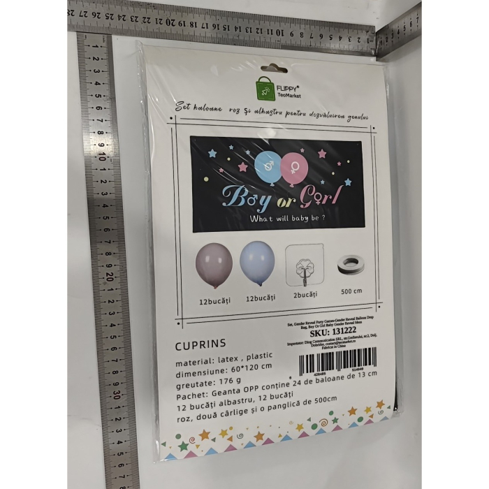Set Gender Reveal, , Balloon Drop Bag, din Plastic si Latex, 24 Baloane Roz si Albastru 13 cm, Sac pentru Baloane 60 x 120 cm, Multicolor [6]