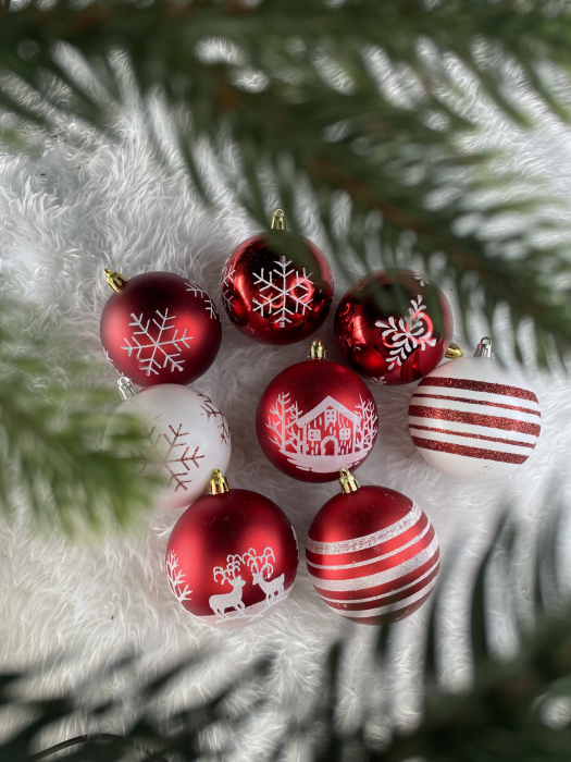 Set globuri de Craciun, 16 bucati, 8cm, 8 modele, rosu alb [25]