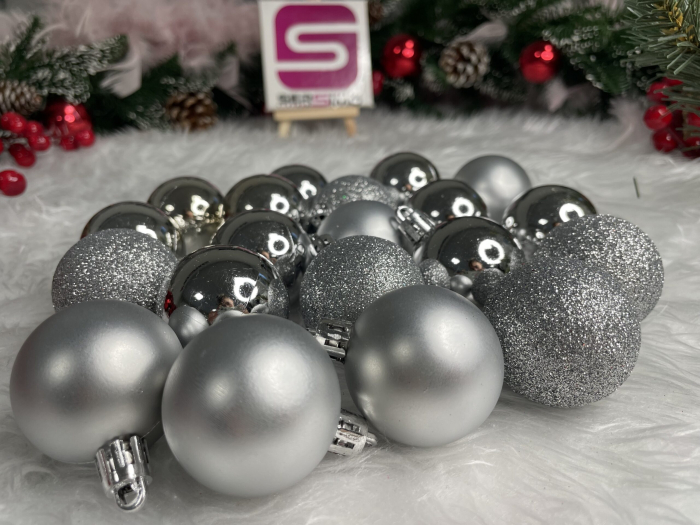 Set globuri de Craciun, 20 bucati, 3 modele, 4cm, argintiu [14]