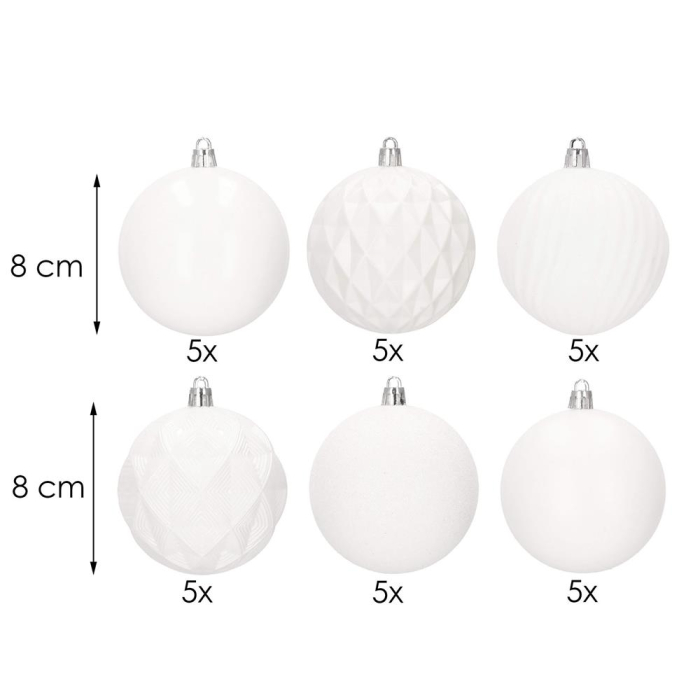 Set globuri de Craciun, 30 bucati, 8cm, 6 modele, alb [11]