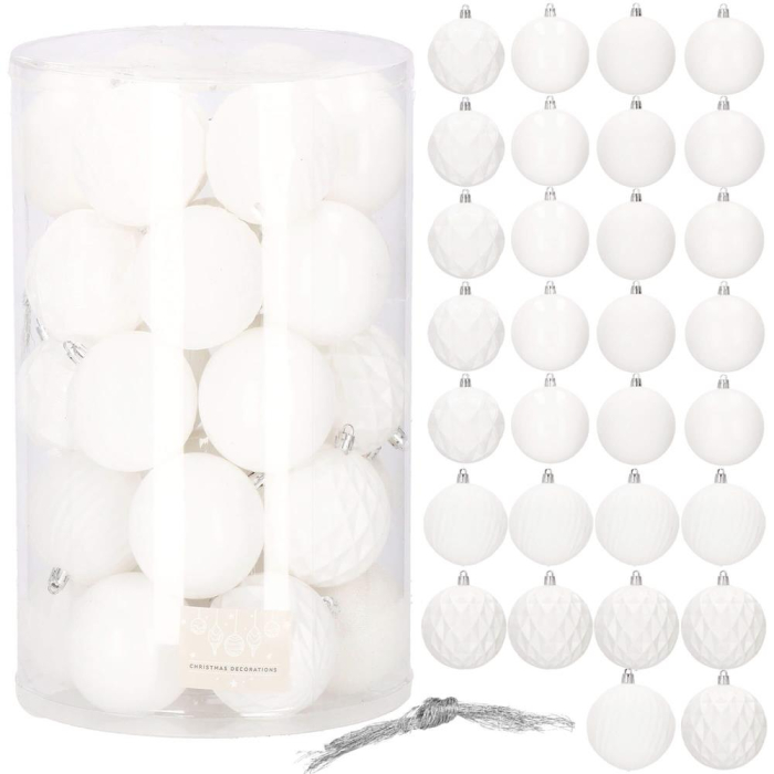 Set globuri de Craciun, 30 bucati, 8cm, 6 modele, alb [10]