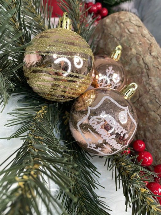 Set globuri de Craciun cu modele de sarbatori, 24 bucati, 6cm, rose [15]