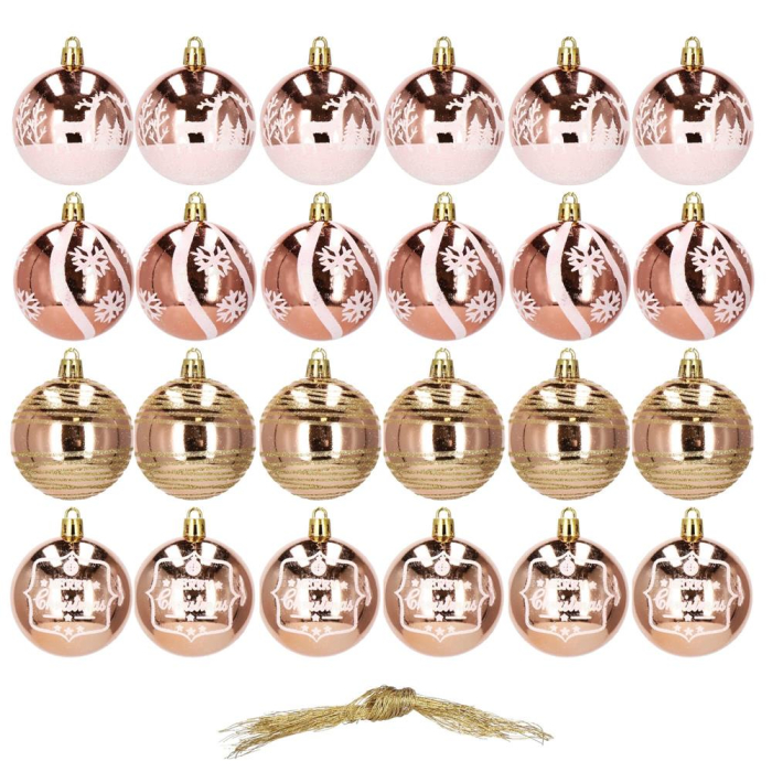 Set globuri de Craciun cu modele de sarbatori, 24 bucati, 6cm, rose [12]
