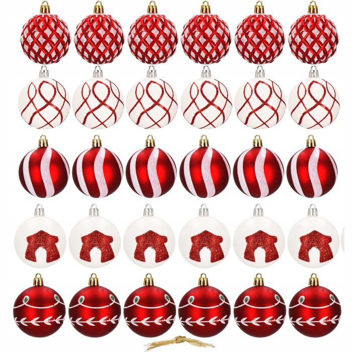 Set globuri de Craciun cu modele de sarbatori, 30 bucati, 6cm, alb rosu [8]