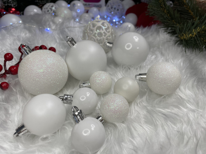 Set globuri si decoratiuni de Craciun, 100 piese, diverse dimensiuni cu stea, alb [23]