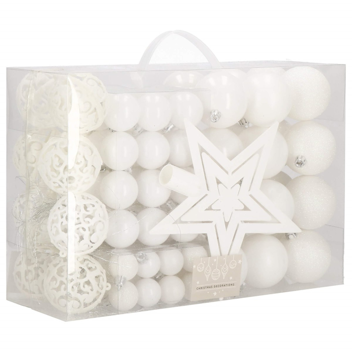 Set globuri si decoratiuni de Craciun, 100 piese, diverse dimensiuni cu stea, alb [1]