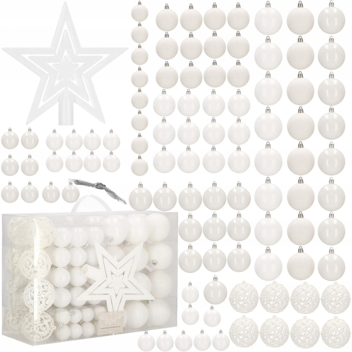 Set globuri si decoratiuni de Craciun, 100 piese, diverse dimensiuni cu stea, alb [6]