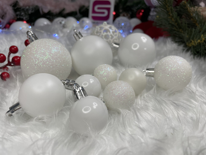 Set globuri si decoratiuni de Craciun, 100 piese, diverse dimensiuni cu stea, alb [24]