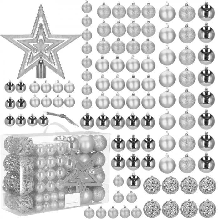 Set globuri si decoratiuni de Craciun, 100 piese, diverse dimensiuni cu stea, argintiu [3]