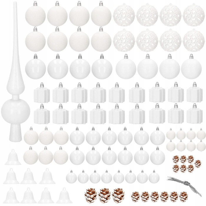Set globuri si decoratiuni de Craciun, 101 piese, diverse dimensiuni, alb [9]