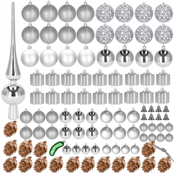 Set globuri si decoratiuni de Craciun, 102 piese, diverse dimensiuni, argintiu [9]