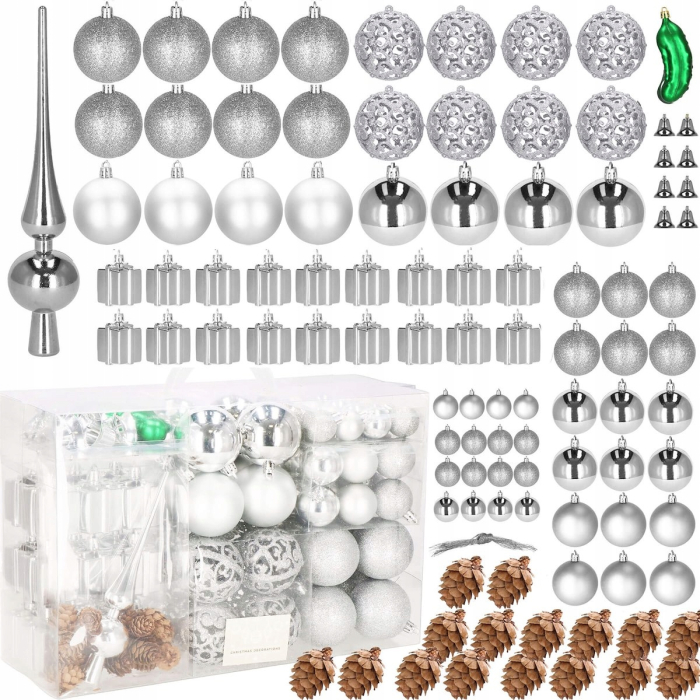 Set globuri si decoratiuni de Craciun, 102 piese, diverse dimensiuni, argintiu [11]