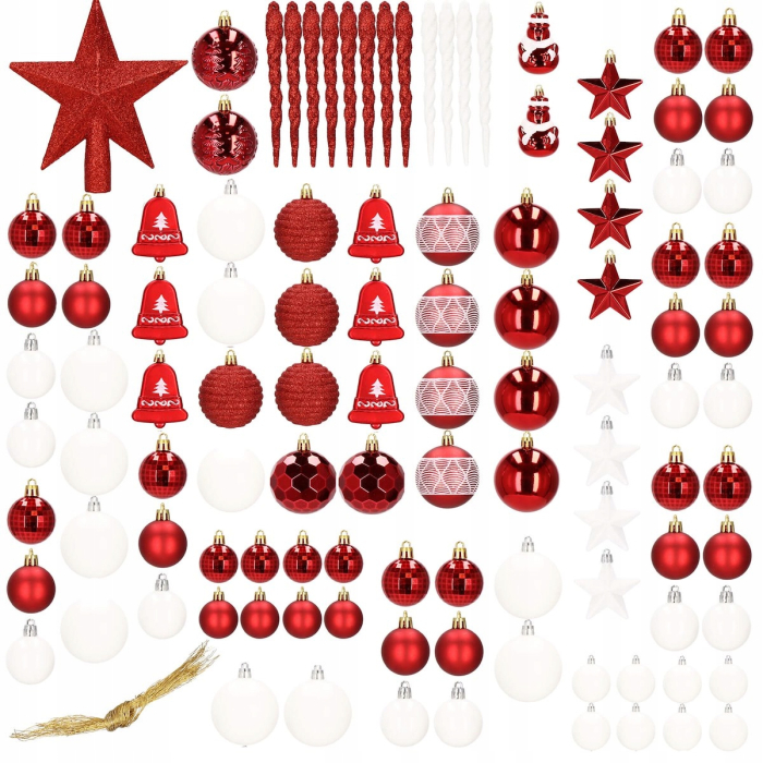Set globuri si decoratiuni de Craciun, 105 piese, diverse dimensiuni, alb rosu [7]