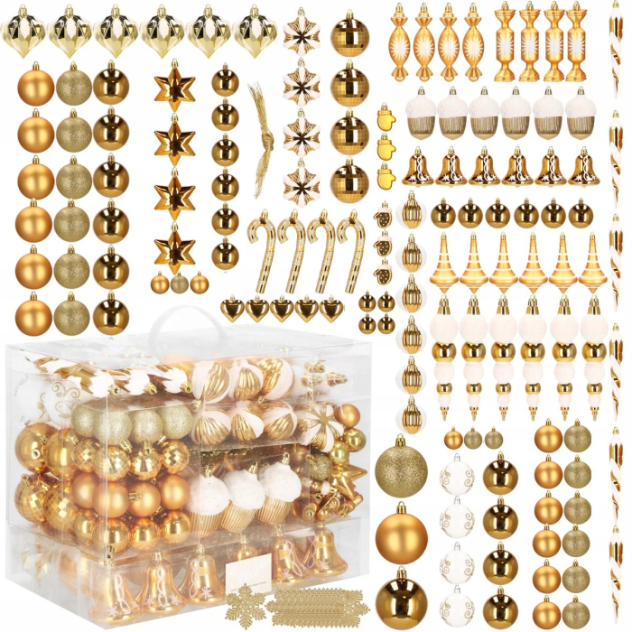Set globuri si decoratiuni de Craciun, 155 piese, diverse dimensiuni, auriu [14]