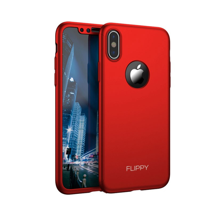 Set Husa si Folie de Protectie, , Compatibila cu Apple iPhone X, Full Cover 360°, Plastic + Sticla, Rosu [2]