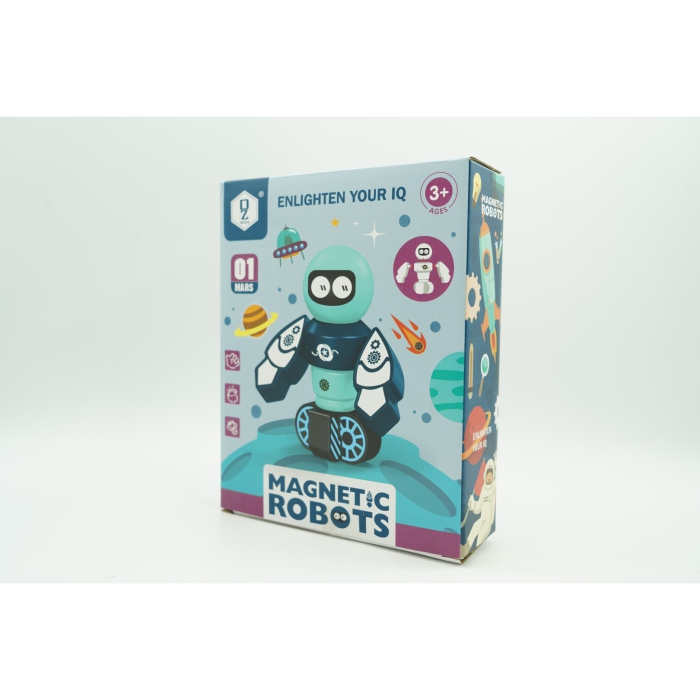 Set inteligent de blocuri magnetice pentru copii, 7 piese, cutie depozitare, robotel, albastru [2]
