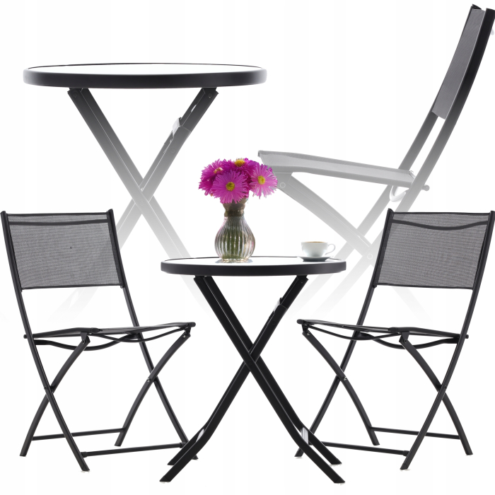 Set mobilier balcon pliabil cu masa sticla si 2 scaune, structura metalica, 60x70 cm, negru [5]