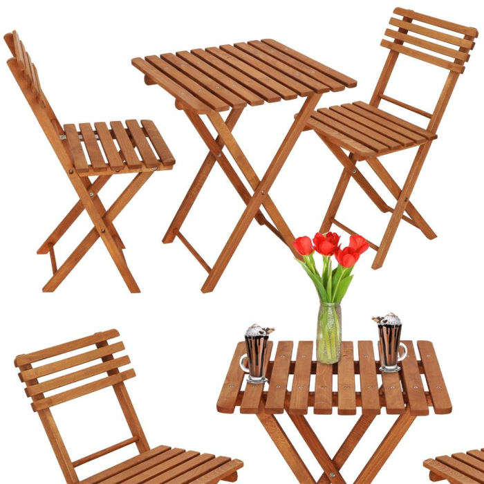 Set mobilier balcon sau terasa din lemn de fag, pliabil, masa 52x51x65 cm si 2 scaune, maro [4]